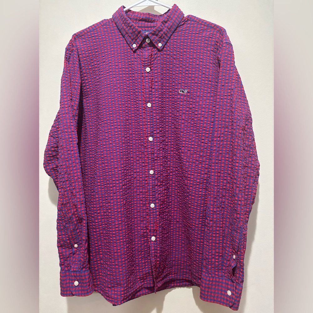 Vineyard Vines Seersucker Men’s XL Button Down Shirt, Slim Fit, Red and Blue